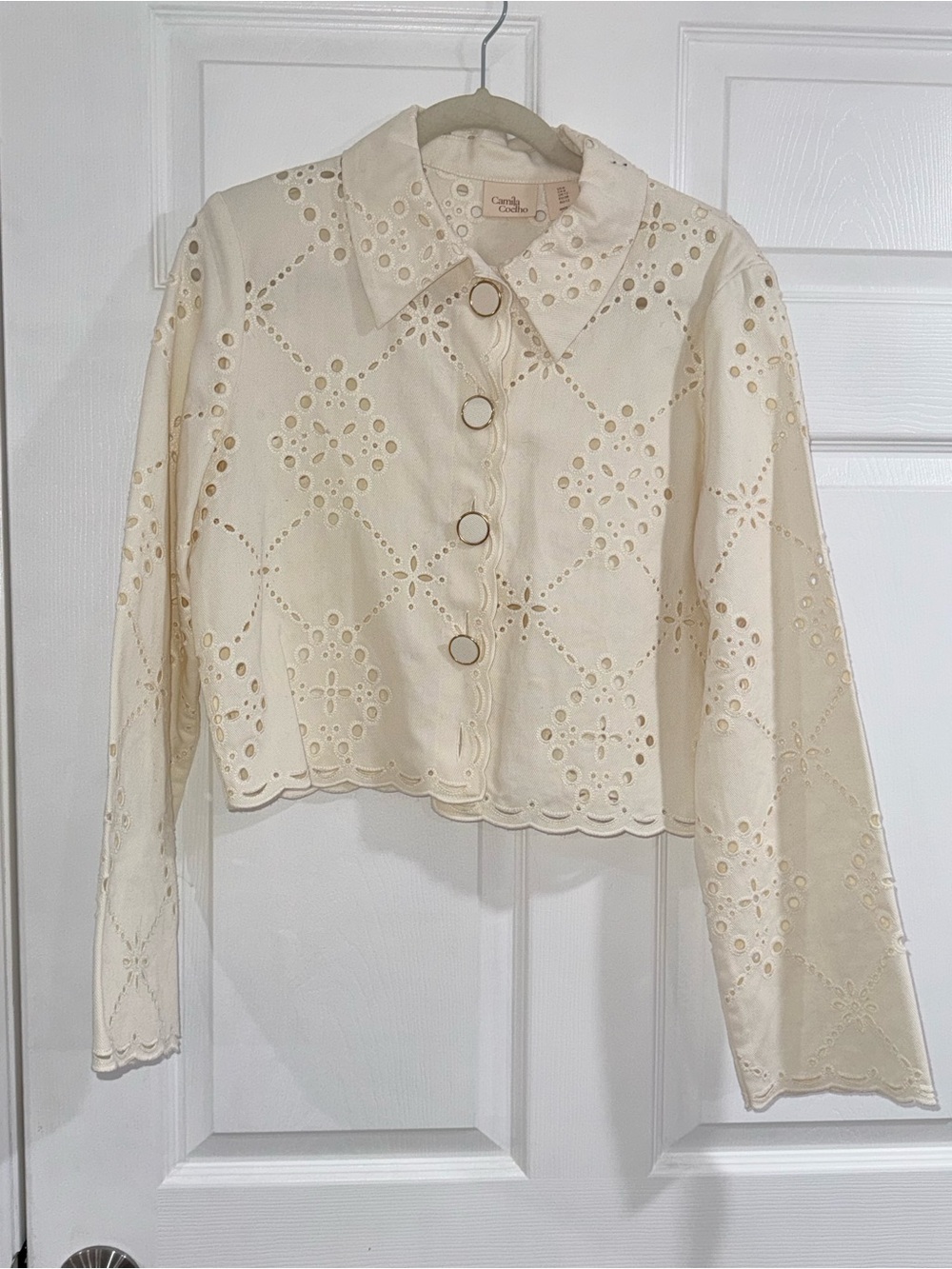 Camila Coelho Cream Eyelet Cropped Button-Down Shirt